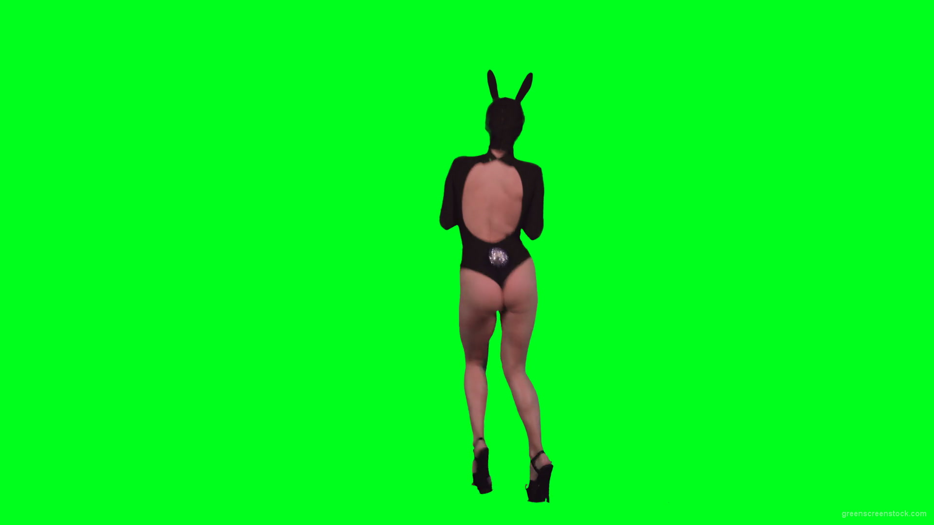 Back-Side-View-of-Jumping-Go-Go-Dancing-girl-in-bunny-black-mask-isolated-on-green-screen-4K-Video-Footage-1920_007 Green Screen Stock