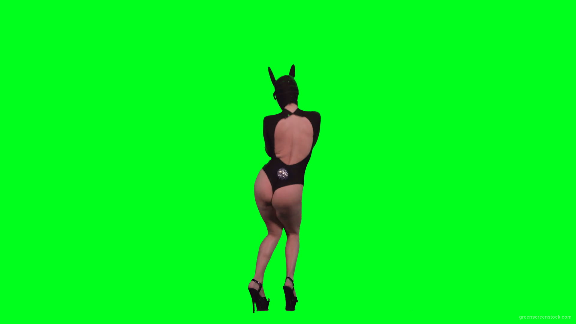 Back-Side-View-of-Jumping-Go-Go-Dancing-girl-in-bunny-black-mask-isolated-on-green-screen-4K-Video-Footage-1920_008 Green Screen Stock