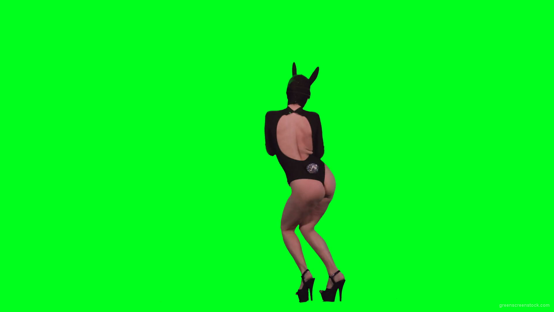 Back-Side-View-of-Jumping-Go-Go-Dancing-girl-in-bunny-black-mask-isolated-on-green-screen-4K-Video-Footage-1920_009 Green Screen Stock