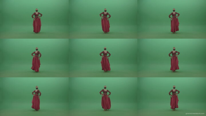 Beauty-Girl-with-black-mask-in-red-rumba-dress-waving-arms-isolated-on-green-screen-4K-Video-Footage-1920 Green Screen Stock
