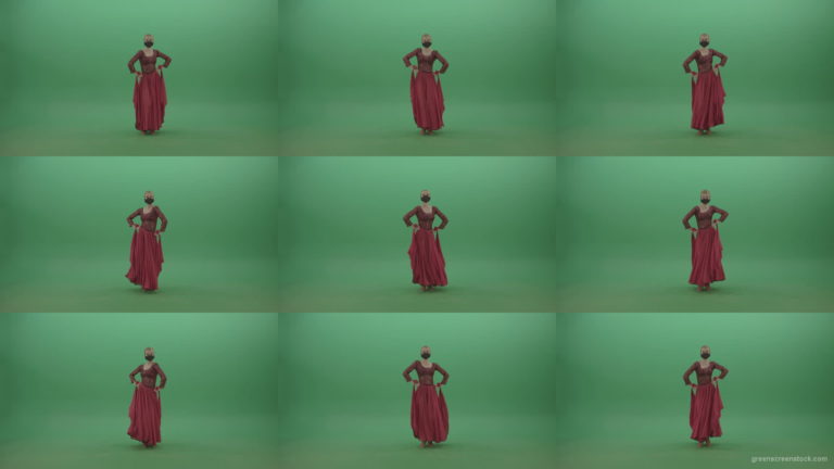 Beauty-Girl-with-black-mask-in-red-rumba-dress-waving-arms-isolated-on-green-screen-4K-Video-Footage-1920 Green Screen Stock