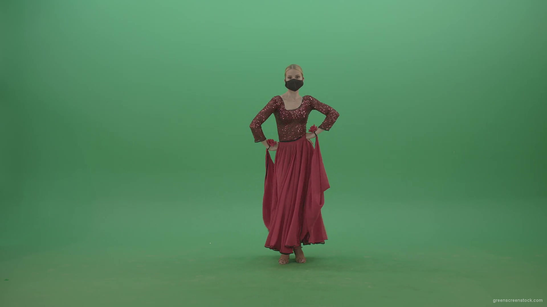 Beauty-Girl-with-black-mask-in-red-rumba-dress-waving-arms-isolated-on-green-screen-4K-Video-Footage-1920_009 Green Screen Stock