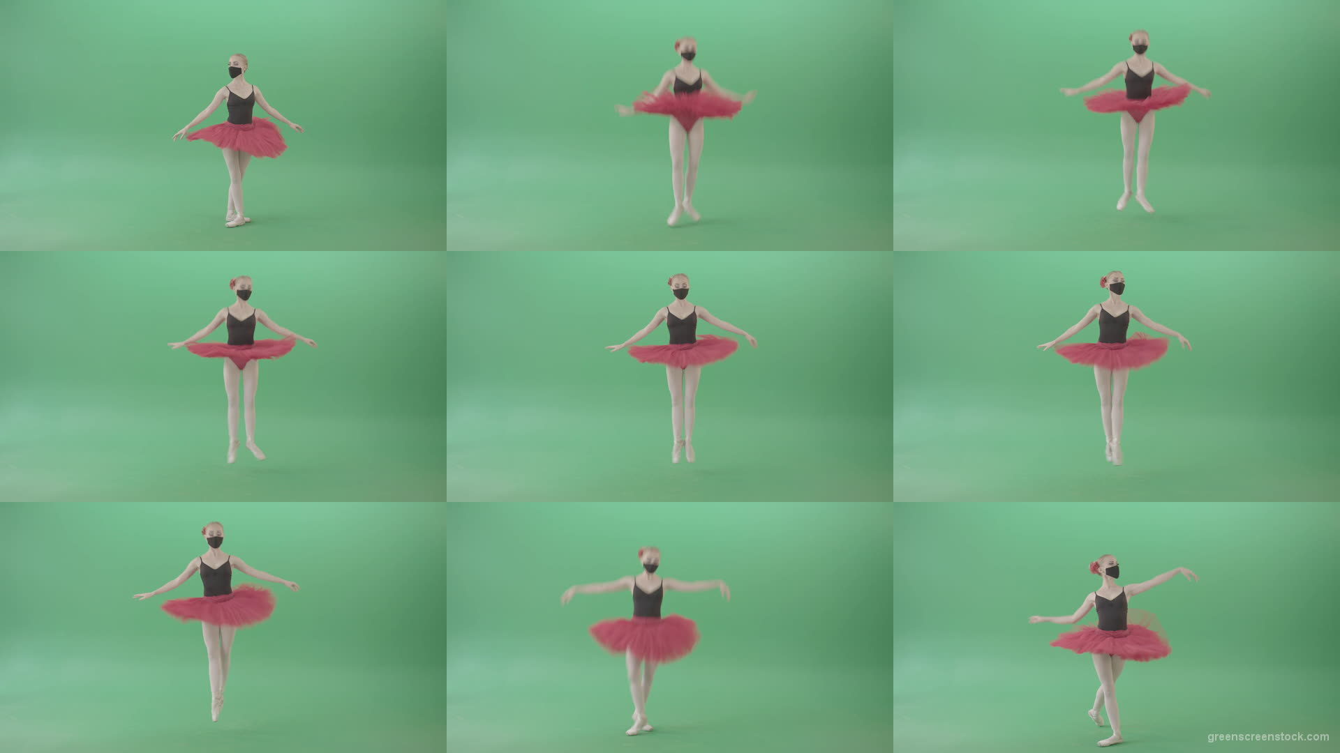 Blonde-Ballet-Girl-dancing-and-jumping-in-red-black-mask-isolated-on-green-screen-4K-Video-Footage--1920 Green Screen Stock