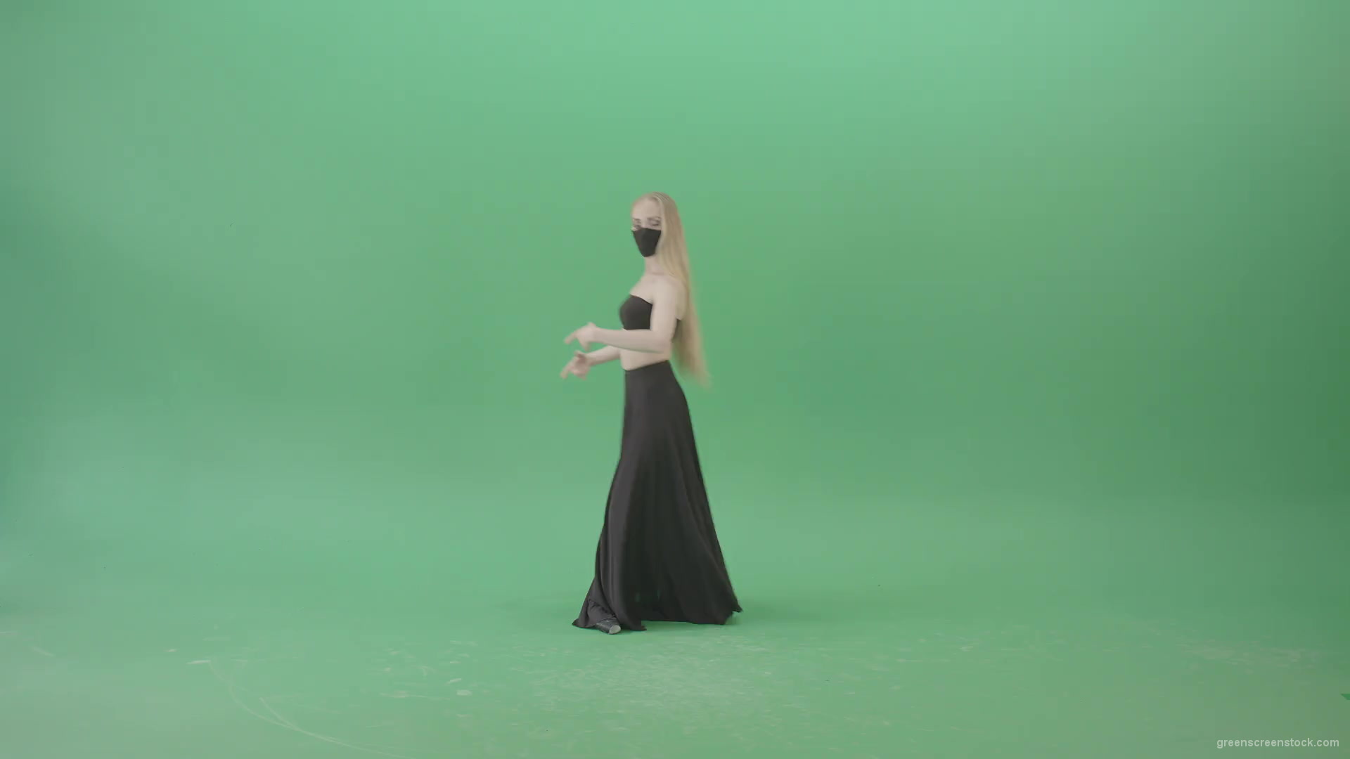 Blonde-Ballet-girl-in-black-dress-and-mask-dancing-Corona-Virus-flamenco-on-green-screen-4K-Video-Footage-1920_001 Green Screen Stock