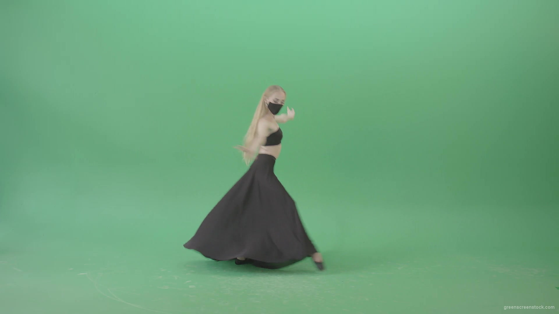 Blonde-Ballet-girl-in-black-dress-and-mask-dancing-Corona-Virus-flamenco-on-green-screen-4K-Video-Footage-1920_002 Green Screen Stock