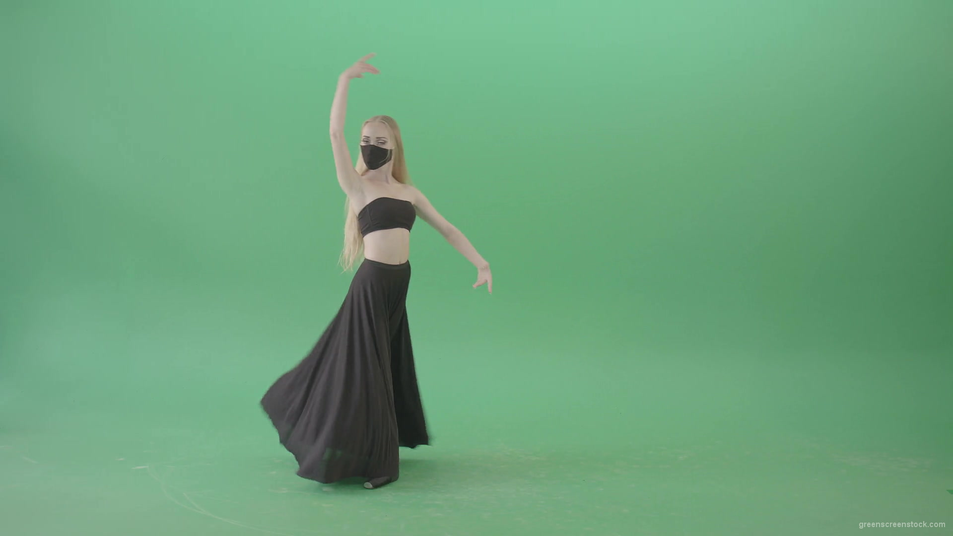 Blonde-Ballet-girl-in-black-dress-and-mask-dancing-Corona-Virus-flamenco-on-green-screen-4K-Video-Footage-1920_005 Green Screen Stock