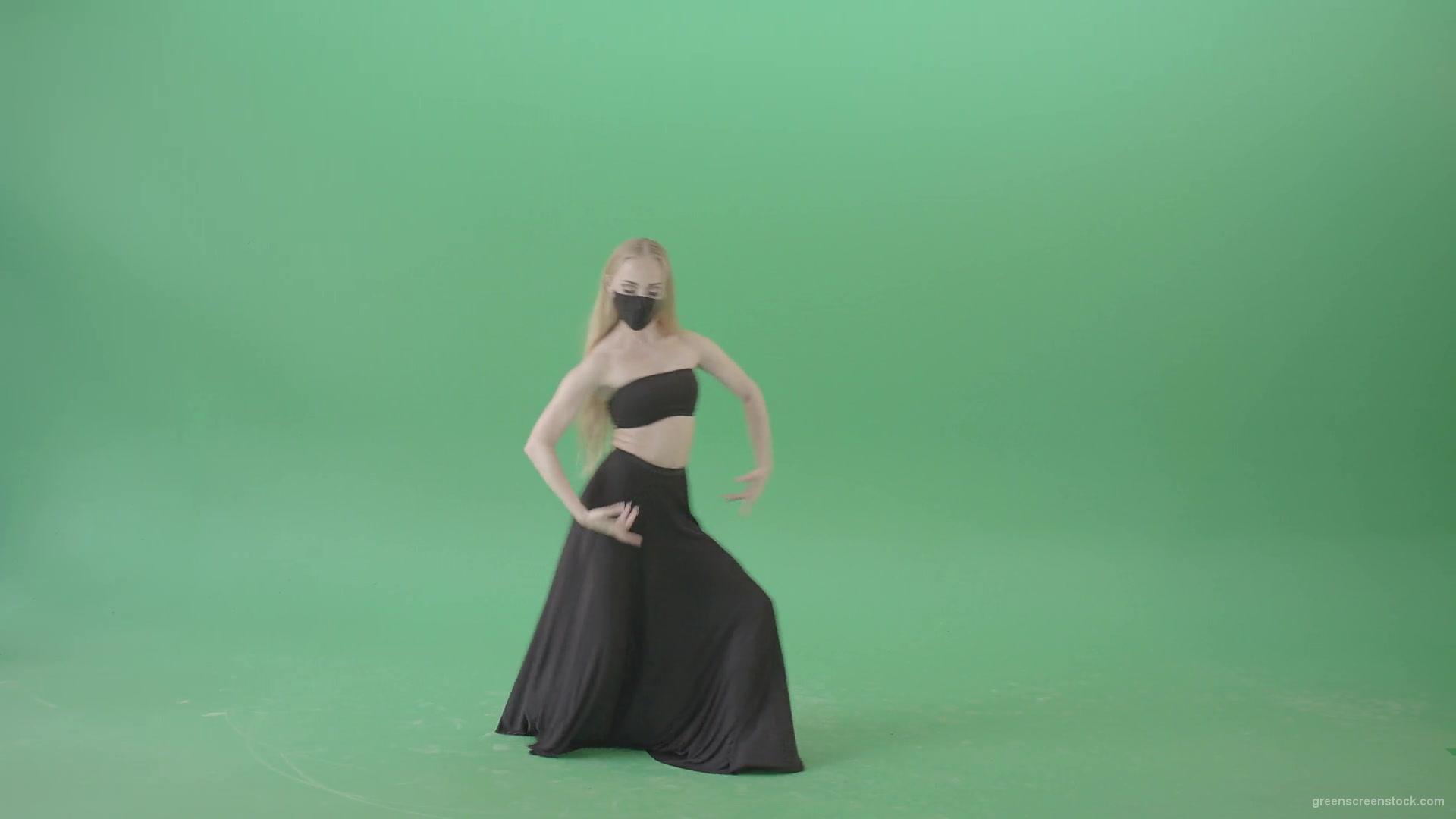 Blonde-Ballet-girl-in-black-dress-and-mask-dancing-Corona-Virus-flamenco-on-green-screen-4K-Video-Footage-1920_006 Green Screen Stock