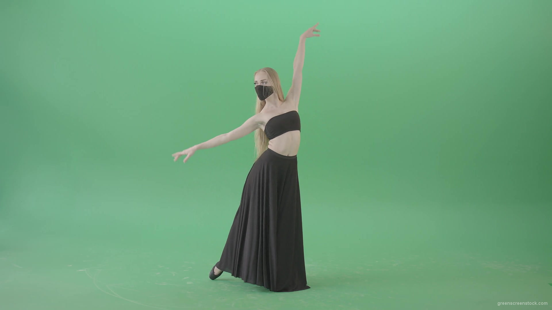 Blonde-Ballet-girl-in-black-dress-and-mask-dancing-Corona-Virus-flamenco-on-green-screen-4K-Video-Footage-1920_007 Green Screen Stock