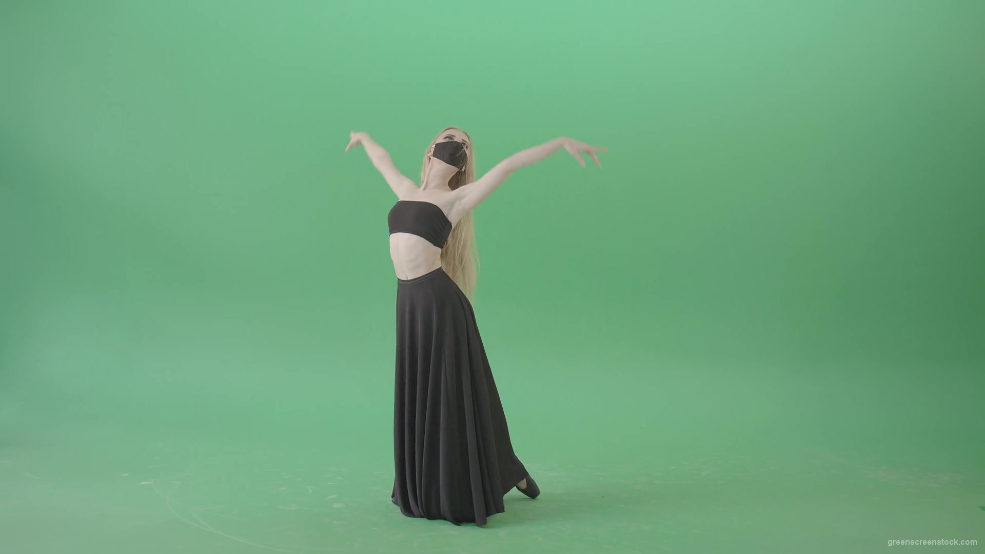 Blonde-Ballet-girl-in-black-dress-and-mask-dancing-Corona-Virus-flamenco-on-green-screen-4K-Video-Footage-1920_009 Green Screen Stock