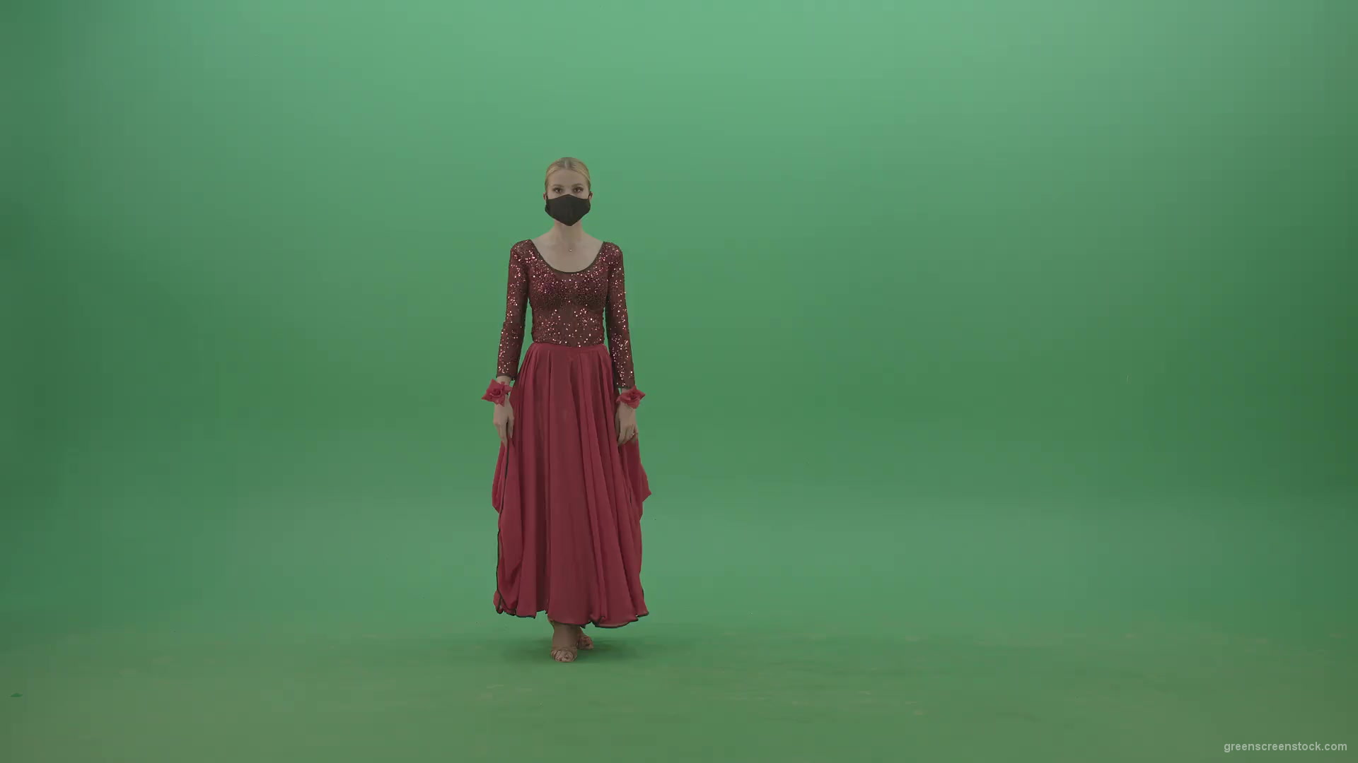 Blonde-Girl-in-red-Flamenco-Dress-makes-spinning-bowing-isolated-on-green-screen-4K-Video-Footage-1920_001 Green Screen Stock