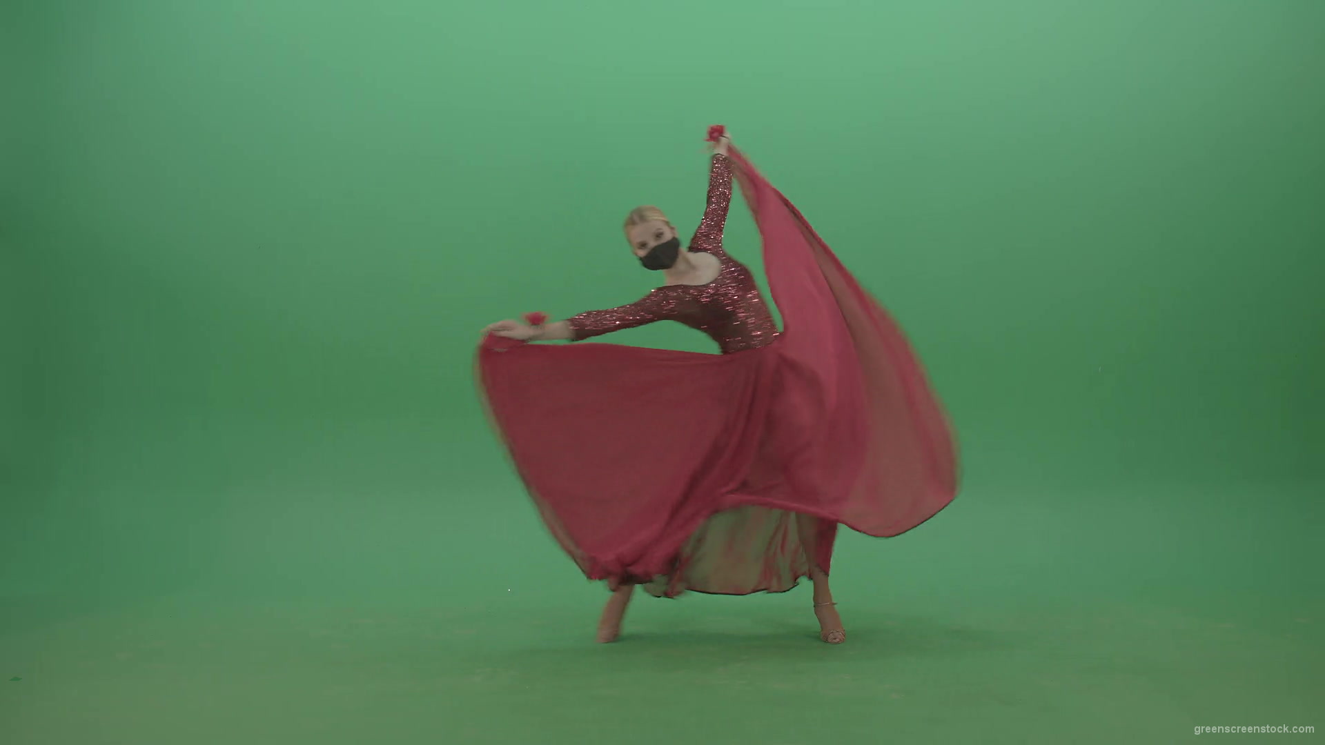 Blonde-Girl-in-red-Flamenco-Dress-makes-spinning-bowing-isolated-on-green-screen-4K-Video-Footage-1920_002 Green Screen Stock