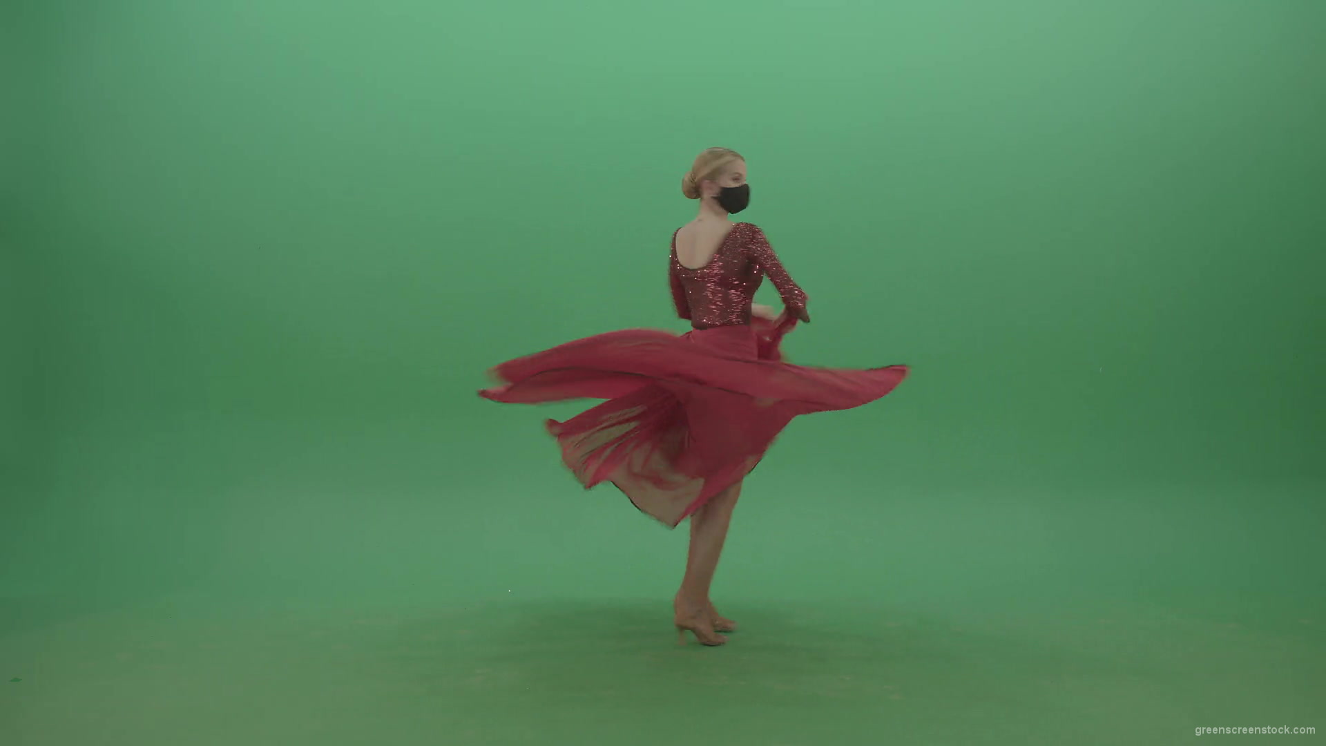vj video background Blonde-Girl-in-red-Flamenco-Dress-makes-spinning-bowing-isolated-on-green-screen-4K-Video-Footage-1920_003