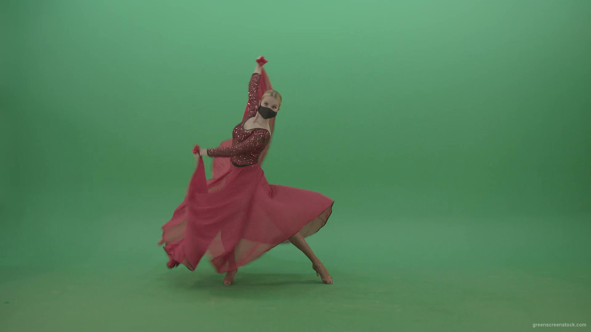 Blonde-Girl-in-red-Flamenco-Dress-makes-spinning-bowing-isolated-on-green-screen-4K-Video-Footage-1920_004 Green Screen Stock
