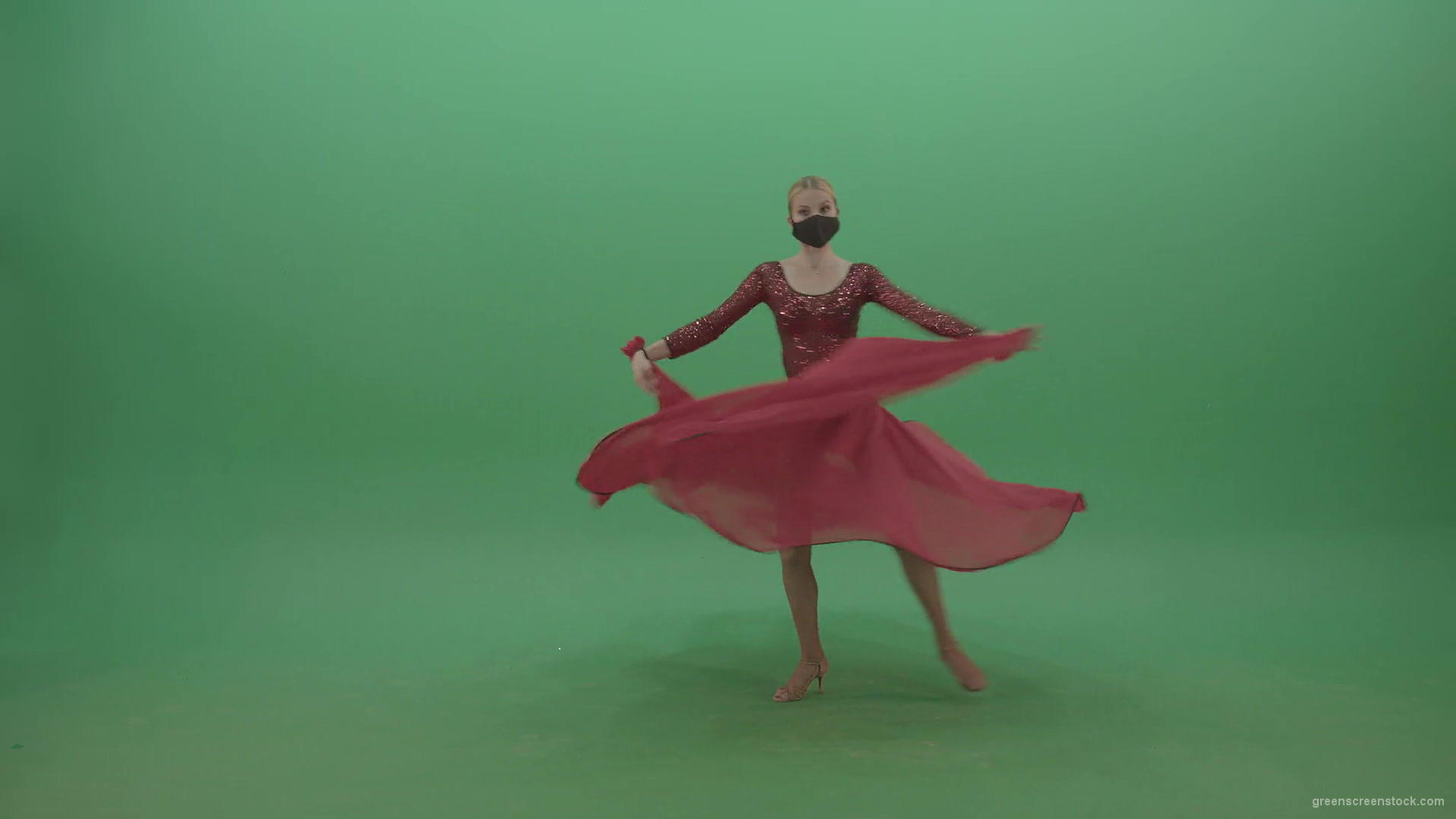 Blonde-Girl-in-red-Flamenco-Dress-makes-spinning-bowing-isolated-on-green-screen-4K-Video-Footage-1920_005 Green Screen Stock