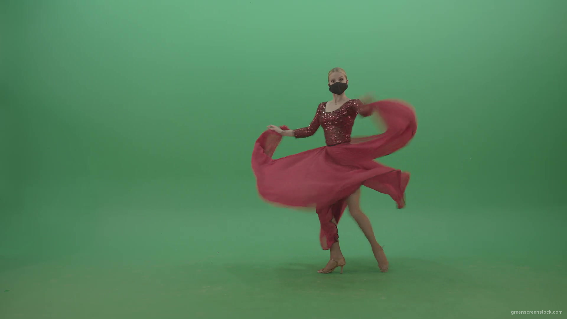 Blonde-Girl-in-red-Flamenco-Dress-makes-spinning-bowing-isolated-on-green-screen-4K-Video-Footage-1920_006 Green Screen Stock