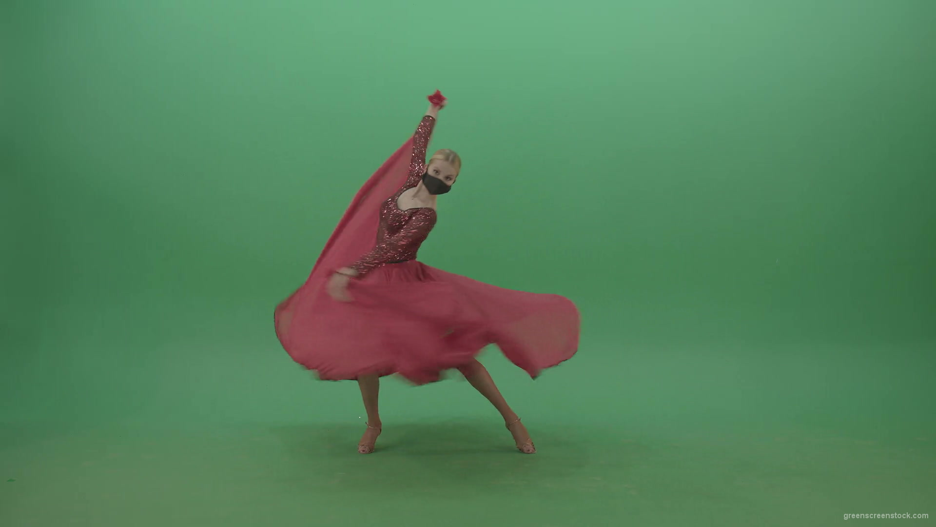 Blonde-Girl-in-red-Flamenco-Dress-makes-spinning-bowing-isolated-on-green-screen-4K-Video-Footage-1920_007 Green Screen Stock