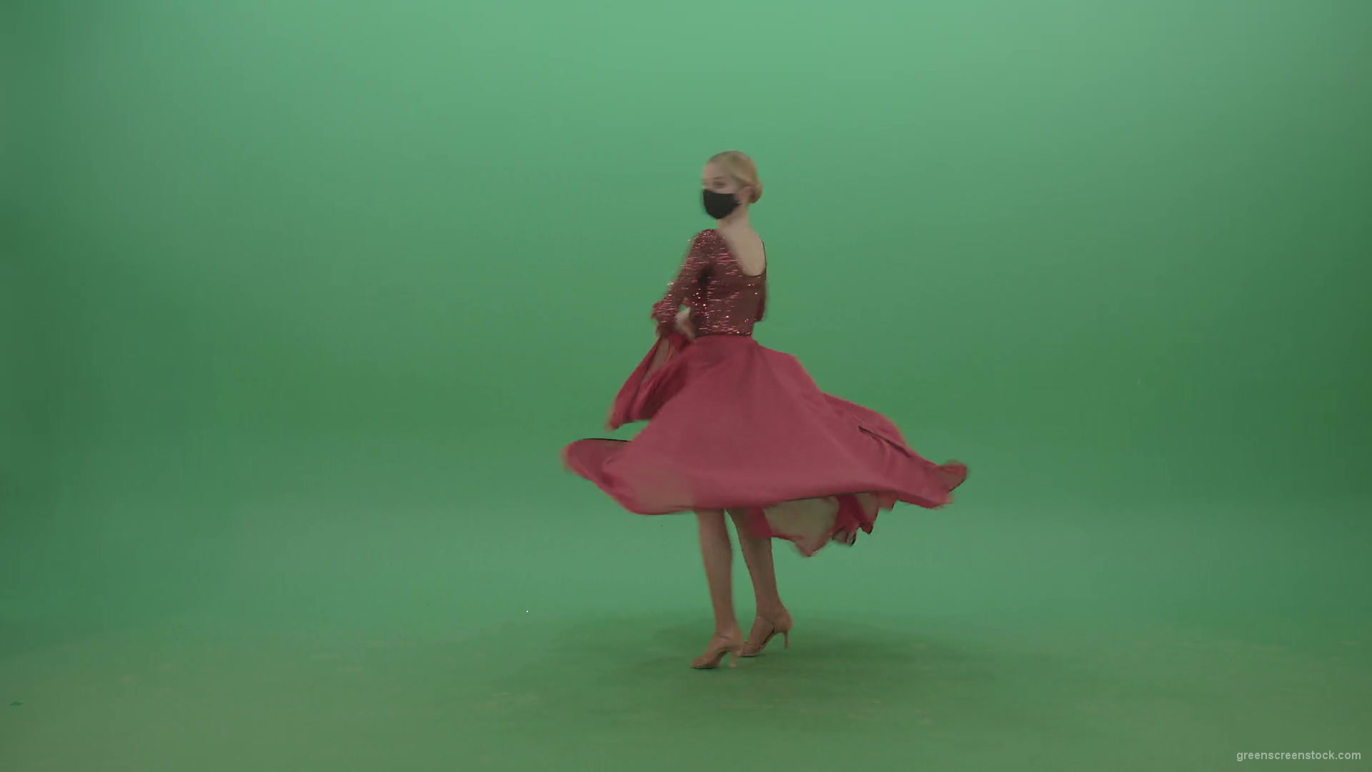 Blonde-Girl-in-red-Flamenco-Dress-makes-spinning-bowing-isolated-on-green-screen-4K-Video-Footage-1920_008 Green Screen Stock