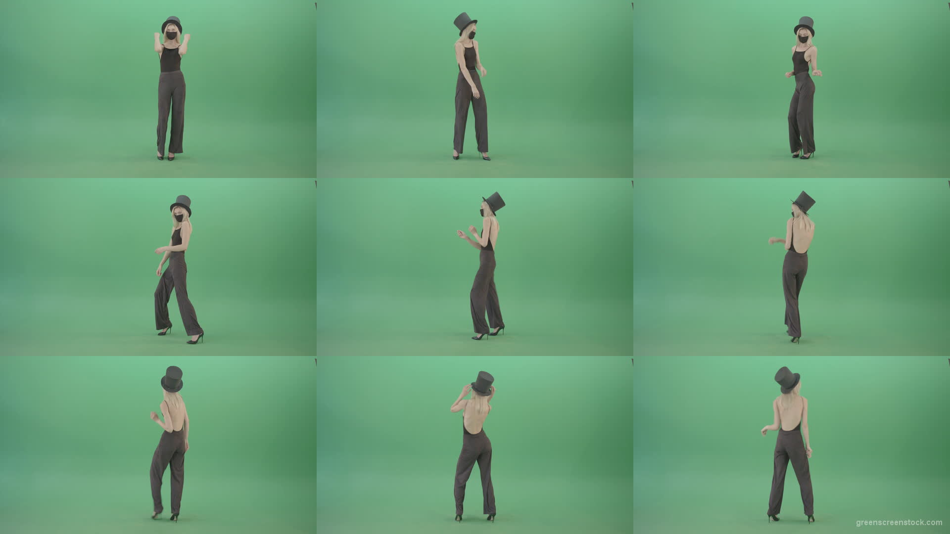 Covid-Mask-Girl-in-Black-cylinder-Hat-dancing-in-front-and-back-side-view-isolated-on-green-screen-Video-Footage-1920 Green Screen Stock
