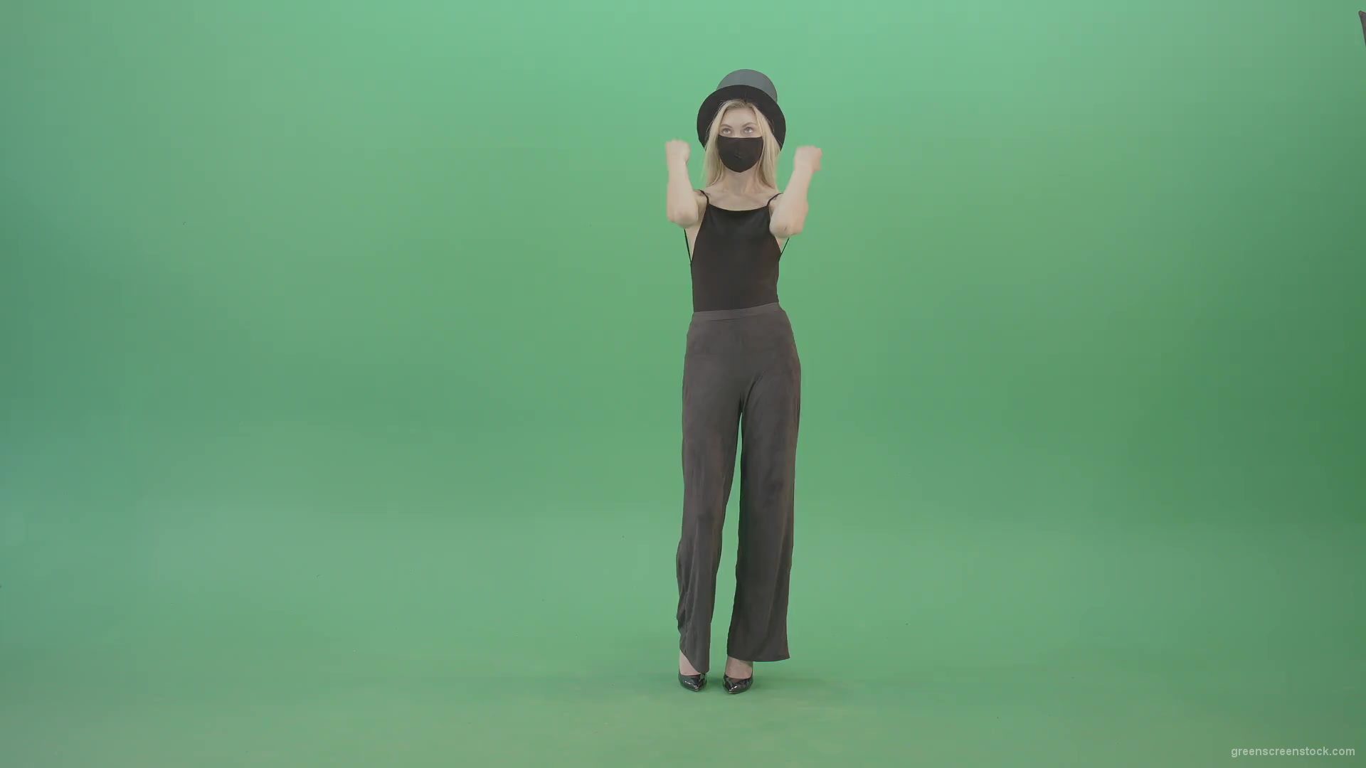 Covid-Mask-Girl-in-Black-cylinder-Hat-dancing-in-front-and-back-side-view-isolated-on-green-screen-Video-Footage-1920_001 Green Screen Stock