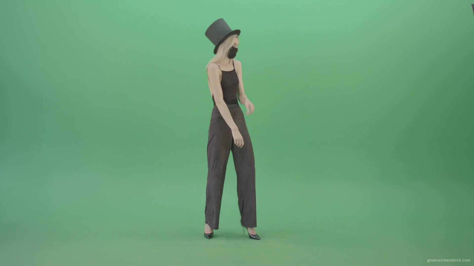 Covid-Mask-Girl-in-Black-cylinder-Hat-dancing-in-front-and-back-side-view-isolated-on-green-screen-Video-Footage-1920_002 Green Screen Stock