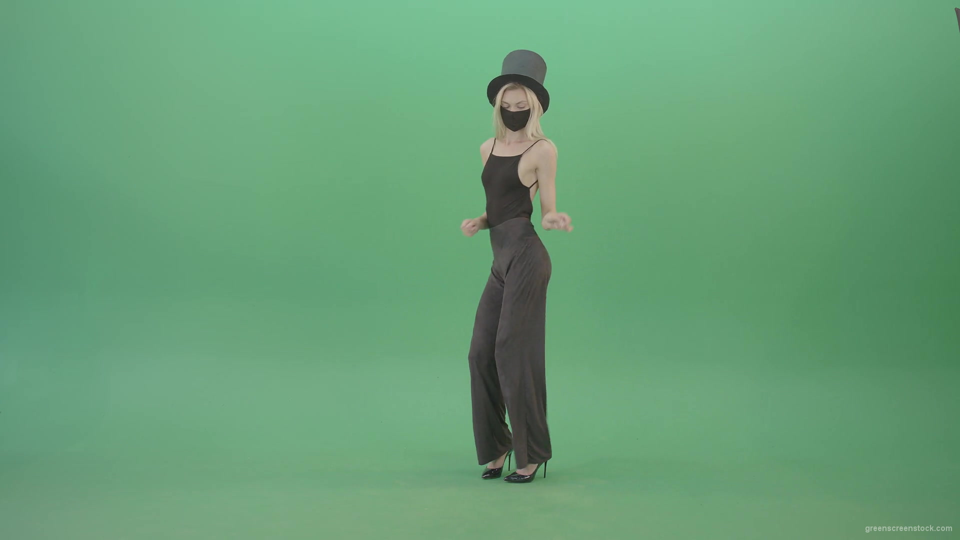 vj video background Covid-Mask-Girl-in-Black-cylinder-Hat-dancing-in-front-and-back-side-view-isolated-on-green-screen-Video-Footage-1920_003