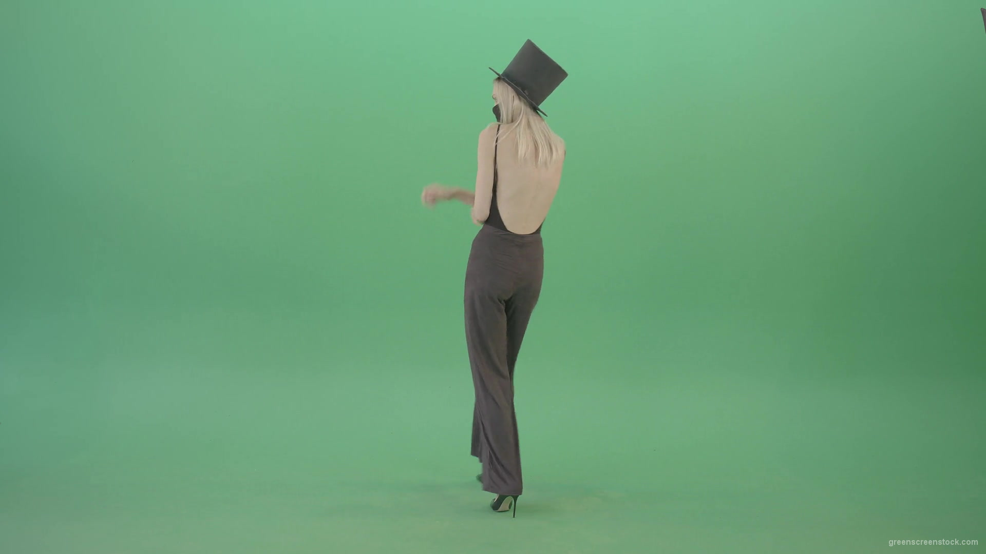 Covid-Mask-Girl-in-Black-cylinder-Hat-dancing-in-front-and-back-side-view-isolated-on-green-screen-Video-Footage-1920_006 Green Screen Stock