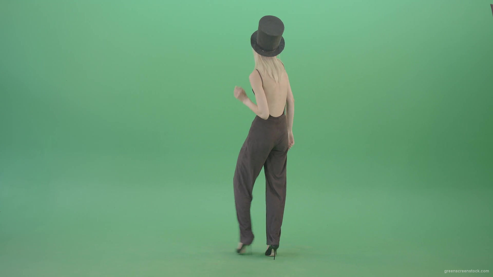 Covid-Mask-Girl-in-Black-cylinder-Hat-dancing-in-front-and-back-side-view-isolated-on-green-screen-Video-Footage-1920_007 Green Screen Stock