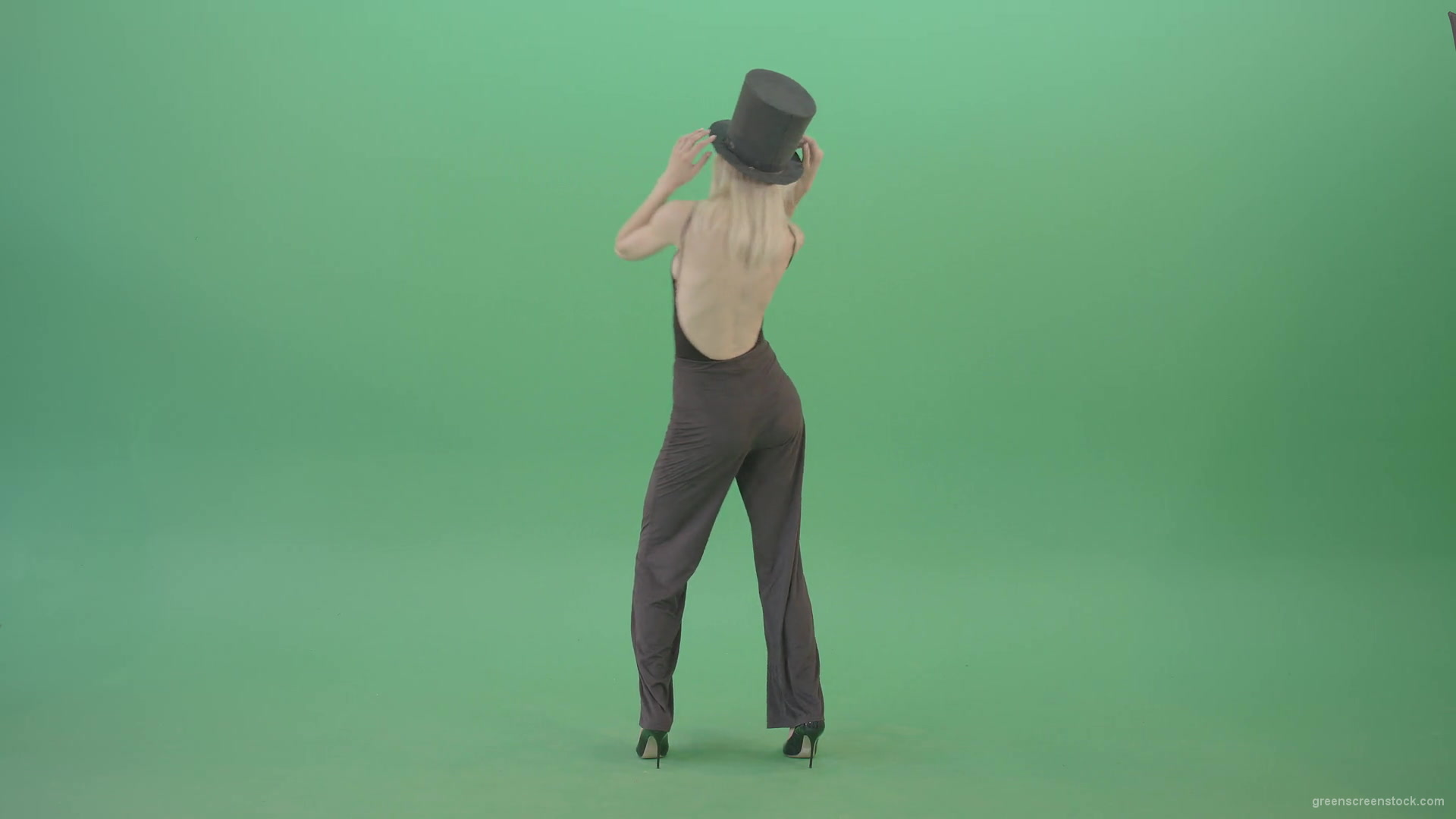 Covid-Mask-Girl-in-Black-cylinder-Hat-dancing-in-front-and-back-side-view-isolated-on-green-screen-Video-Footage-1920_008 Green Screen Stock