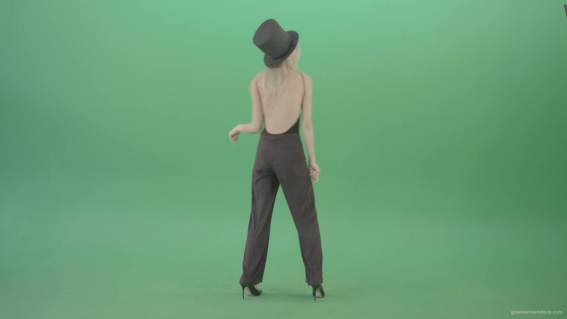 Covid-Mask-Girl-in-Black-cylinder-Hat-dancing-in-front-and-back-side-view-isolated-on-green-screen-Video-Footage-1920_009 Green Screen Stock