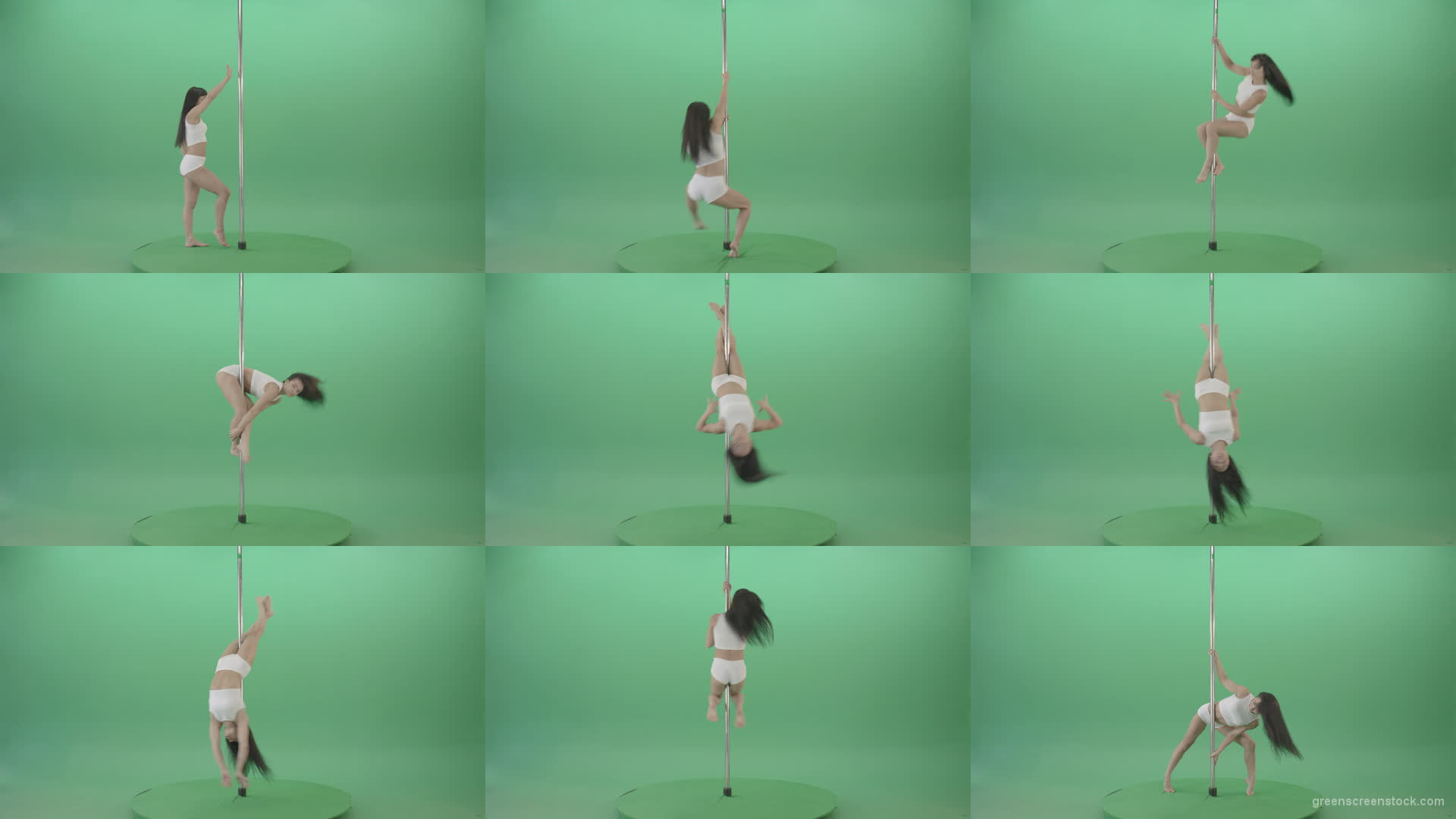 Dark-Hair-Girl-in-White-body-dress-underwear-spinning-on-the-pilon-showing-exotic-dance-over-green-screen-4K-Video-Footage-1920 Green Screen Stock
