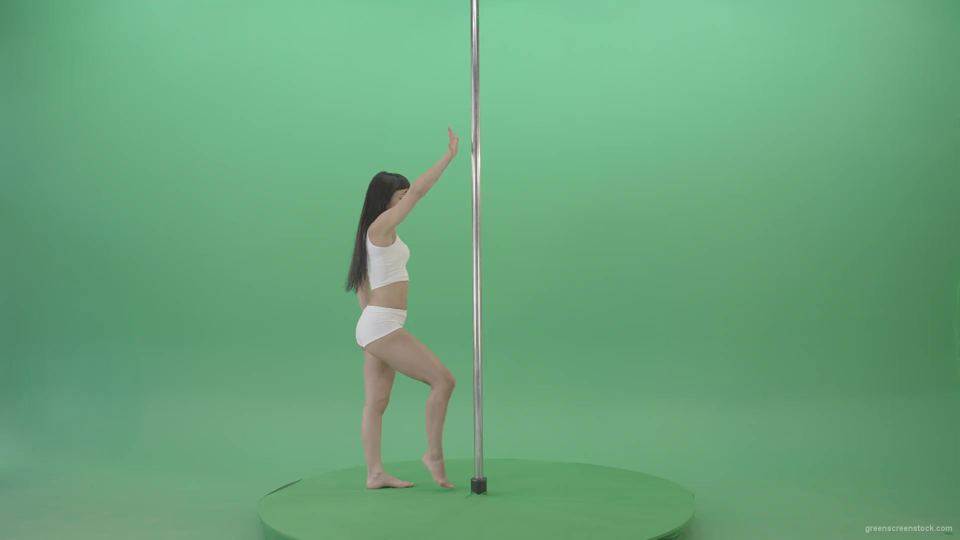 Dark-Hair-Girl-in-White-body-dress-underwear-spinning-on-the-pilon-showing-exotic-dance-over-green-screen-4K-Video-Footage-1920_001 Green Screen Stock