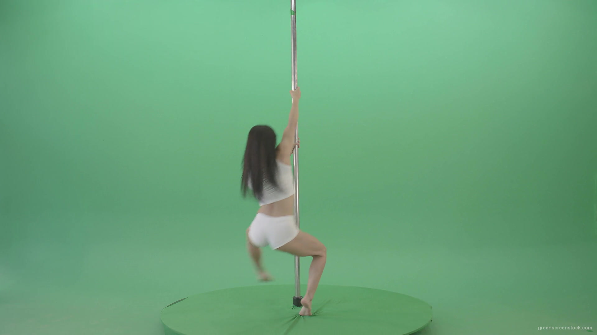 Dark-Hair-Girl-in-White-body-dress-underwear-spinning-on-the-pilon-showing-exotic-dance-over-green-screen-4K-Video-Footage-1920_002 Green Screen Stock