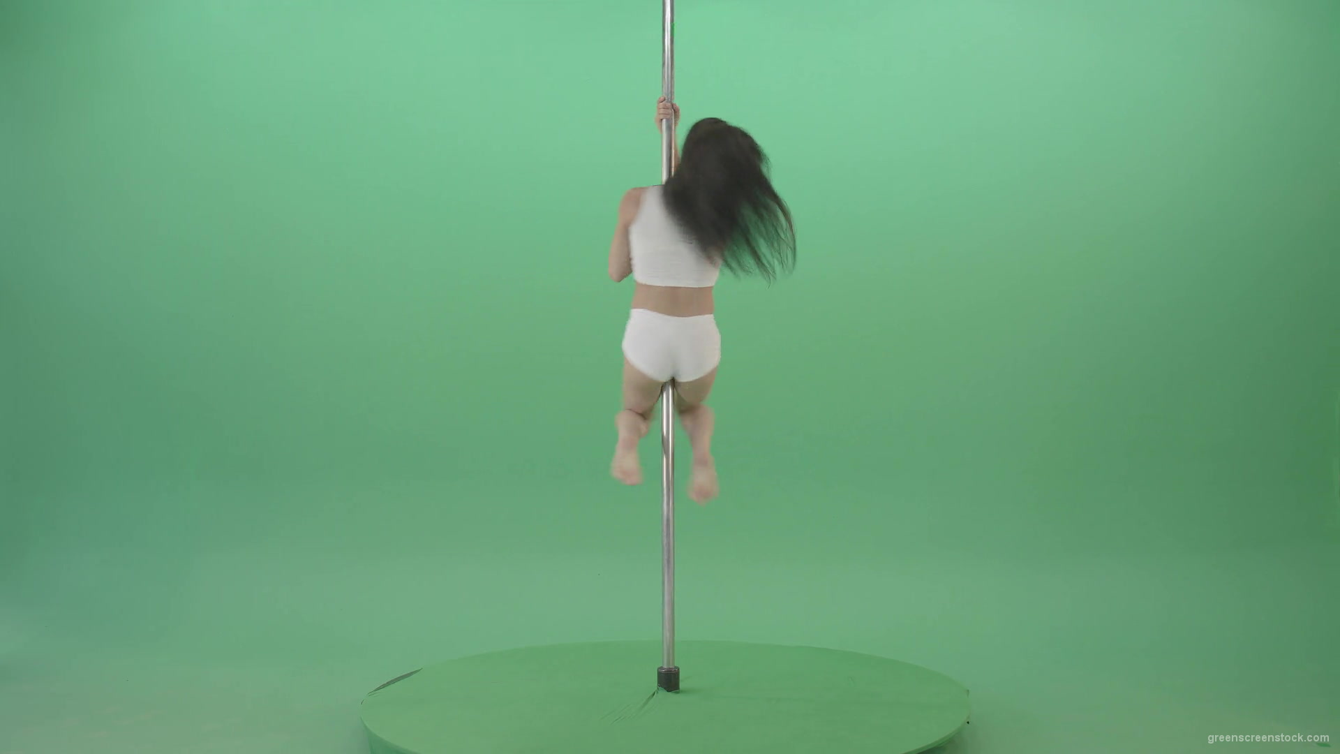 Dark-Hair-Girl-in-White-body-dress-underwear-spinning-on-the-pilon-showing-exotic-dance-over-green-screen-4K-Video-Footage-1920_008 Green Screen Stock