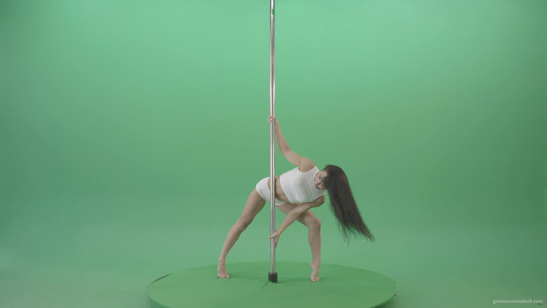 Dark-Hair-Girl-in-White-body-dress-underwear-spinning-on-the-pilon-showing-exotic-dance-over-green-screen-4K-Video-Footage-1920_009 Green Screen Stock