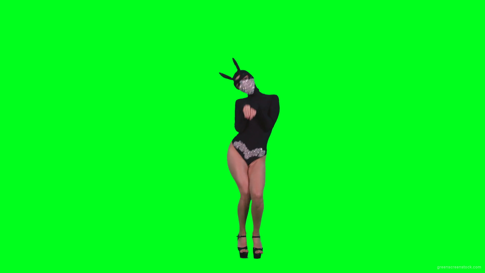 Go-Go-Dancing-Girl-in-Rabbit-Mask-jumping-in-black-costume-on-Green-Screen-4K-Video-Footage-1920_005 Green Screen Stock