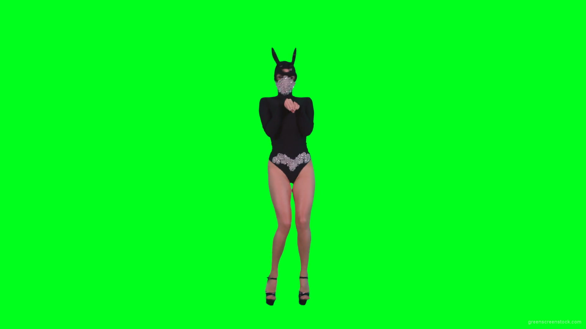 Go-Go-Dancing-Girl-in-Rabbit-Mask-jumping-in-black-costume-on-Green-Screen-4K-Video-Footage-1920_006 Green Screen Stock