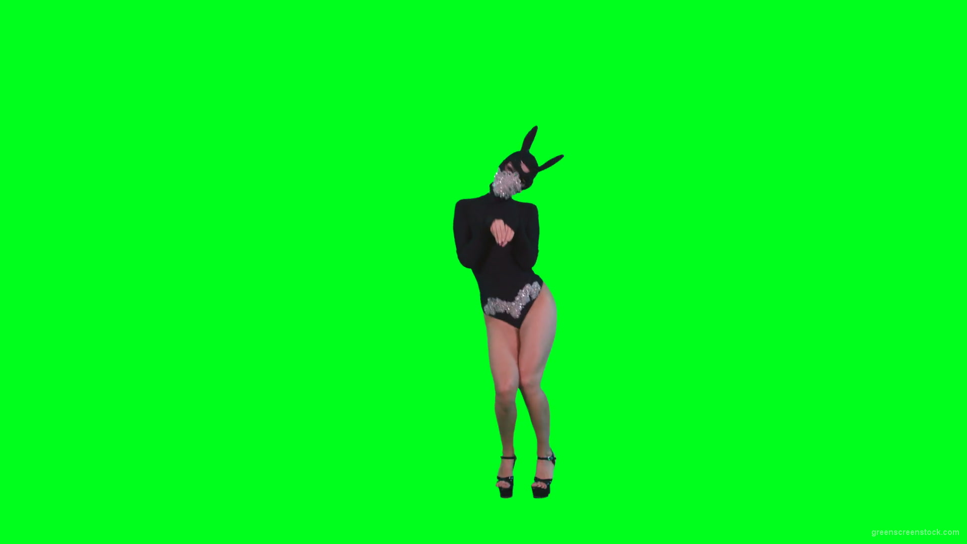 Go-Go-Dancing-Girl-in-Rabbit-Mask-jumping-in-black-costume-on-Green-Screen-4K-Video-Footage-1920_007 Green Screen Stock