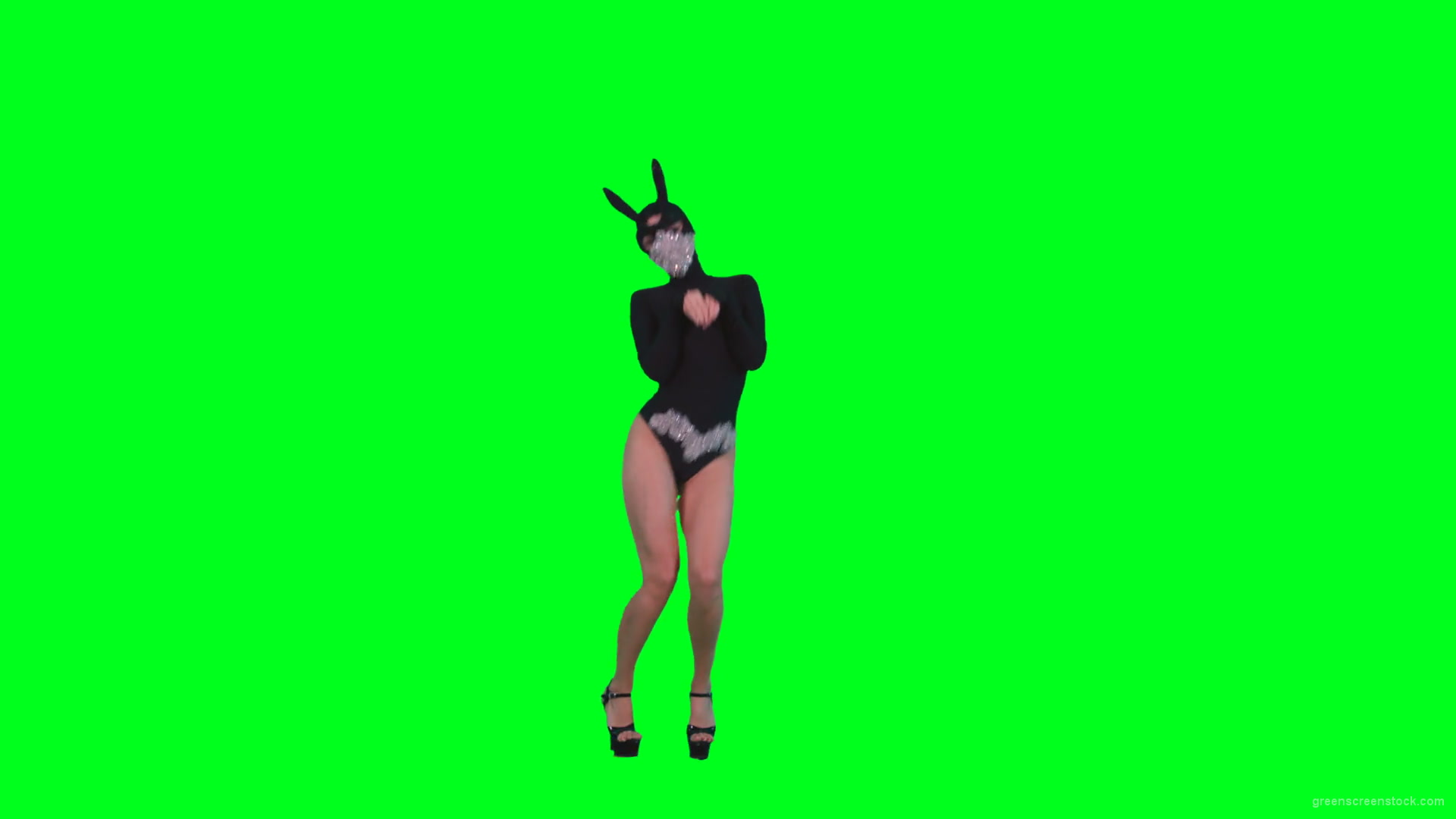 Go-Go-Dancing-Girl-in-Rabbit-Mask-jumping-in-black-costume-on-Green-Screen-4K-Video-Footage-1920_008 Green Screen Stock