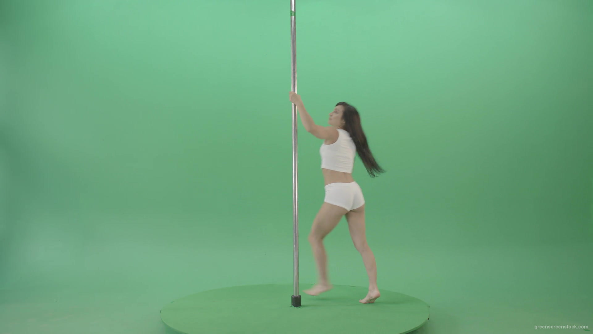 Go-Go-Girl-in-white-dress-spinning-on-the-pole-and-sit-on-a-twine-on-green-screen-4K-Video-Footage-1920_002 Green Screen Stock