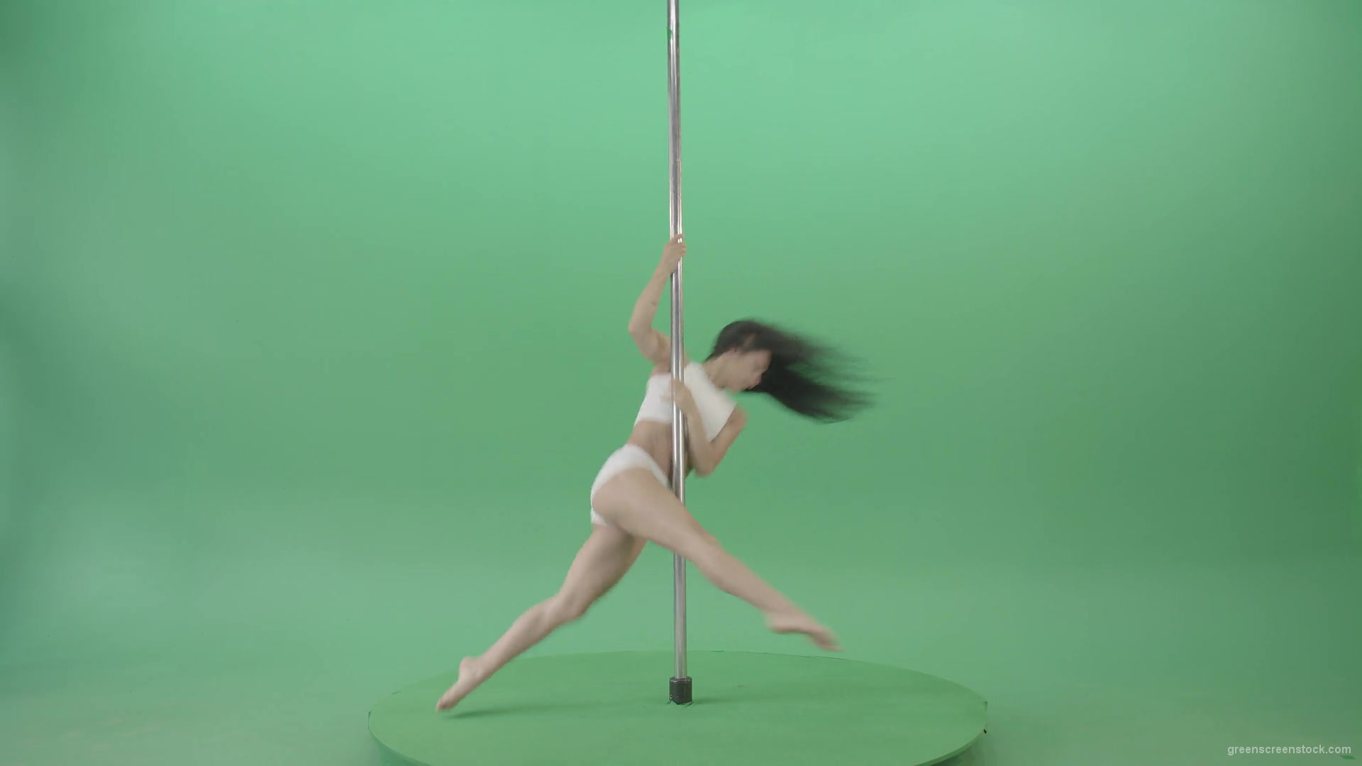 Go-Go-Girl-in-white-dress-spinning-on-the-pole-and-sit-on-a-twine-on-green-screen-4K-Video-Footage-1920_007 Green Screen Stock