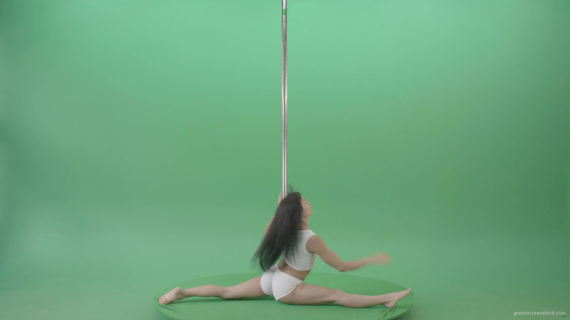 Go-Go-Girl-in-white-dress-spinning-on-the-pole-and-sit-on-a-twine-on-green-screen-4K-Video-Footage-1920_008 Green Screen Stock