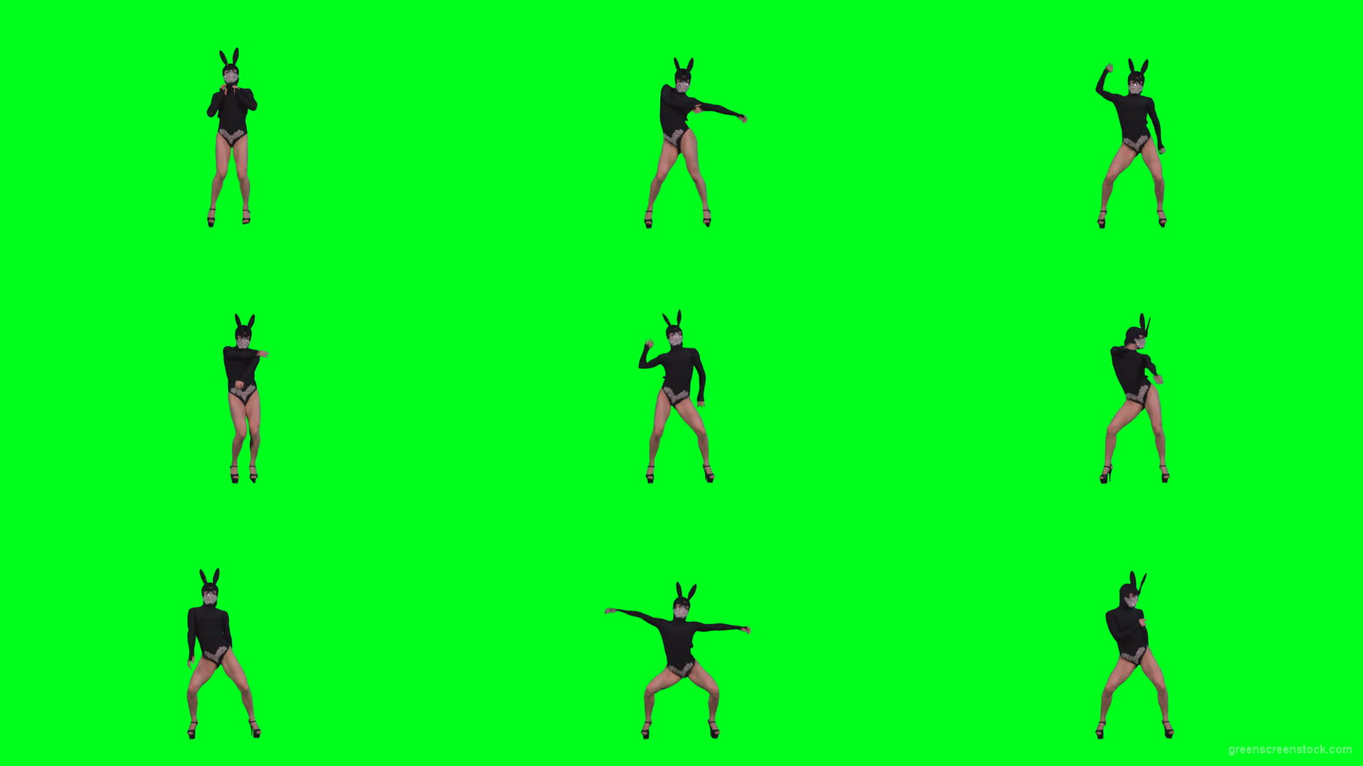 Sexy-dancing-girl-in-rabbit-mask-and-black-fashion-dress-posing-in-fetish-style-isolated-on-green-screen-4K-Video-Footage-1920 Green Screen Stock