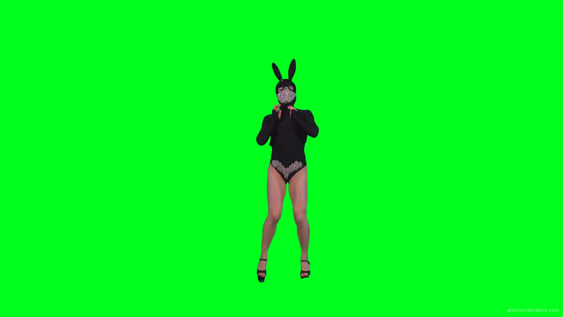 Sexy-dancing-girl-in-rabbit-mask-and-black-fashion-dress-posing-in-fetish-style-isolated-on-green-screen-4K-Video-Footage-1920_001 Green Screen Stock