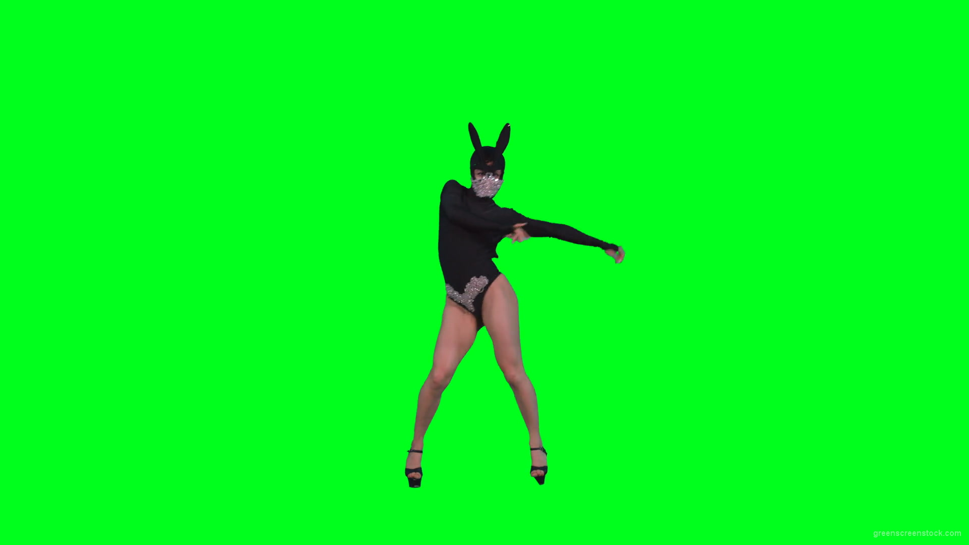 Sexy-dancing-girl-in-rabbit-mask-and-black-fashion-dress-posing-in-fetish-style-isolated-on-green-screen-4K-Video-Footage-1920_002 Green Screen Stock