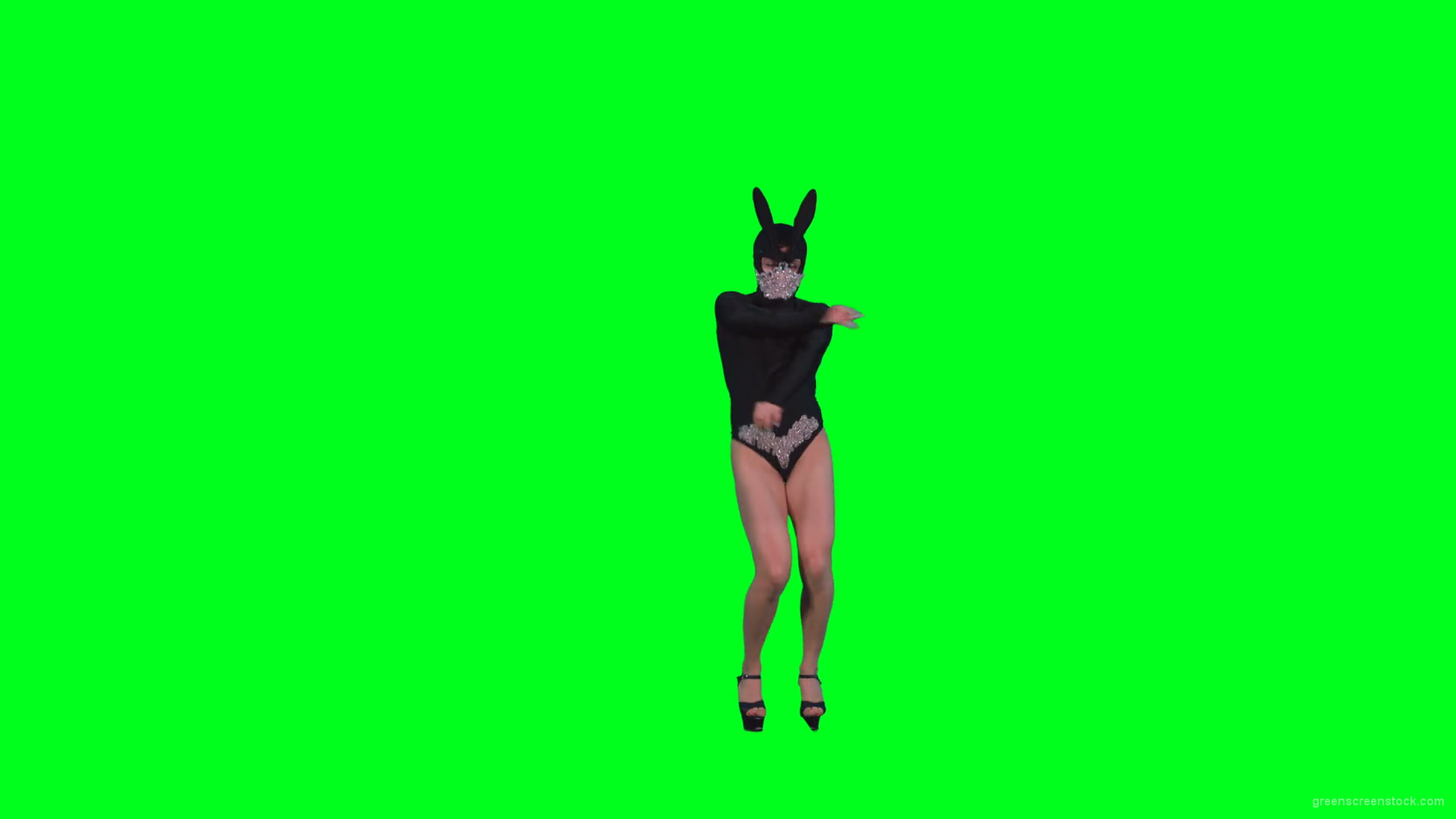 Sexy-dancing-girl-in-rabbit-mask-and-black-fashion-dress-posing-in-fetish-style-isolated-on-green-screen-4K-Video-Footage-1920_004 Green Screen Stock