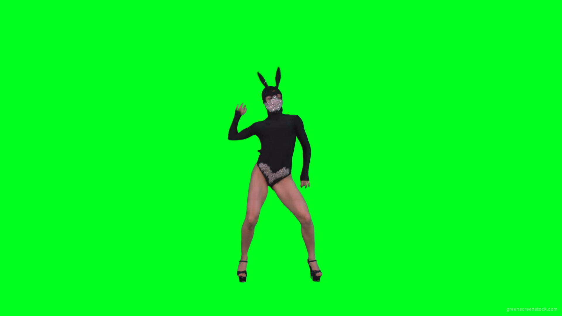 Sexy-dancing-girl-in-rabbit-mask-and-black-fashion-dress-posing-in-fetish-style-isolated-on-green-screen-4K-Video-Footage-1920_005 Green Screen Stock