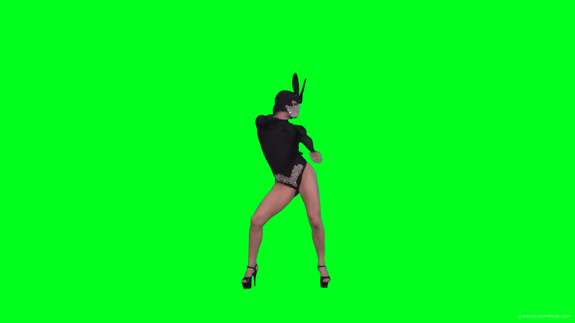 Sexy-dancing-girl-in-rabbit-mask-and-black-fashion-dress-posing-in-fetish-style-isolated-on-green-screen-4K-Video-Footage-1920_006 Green Screen Stock