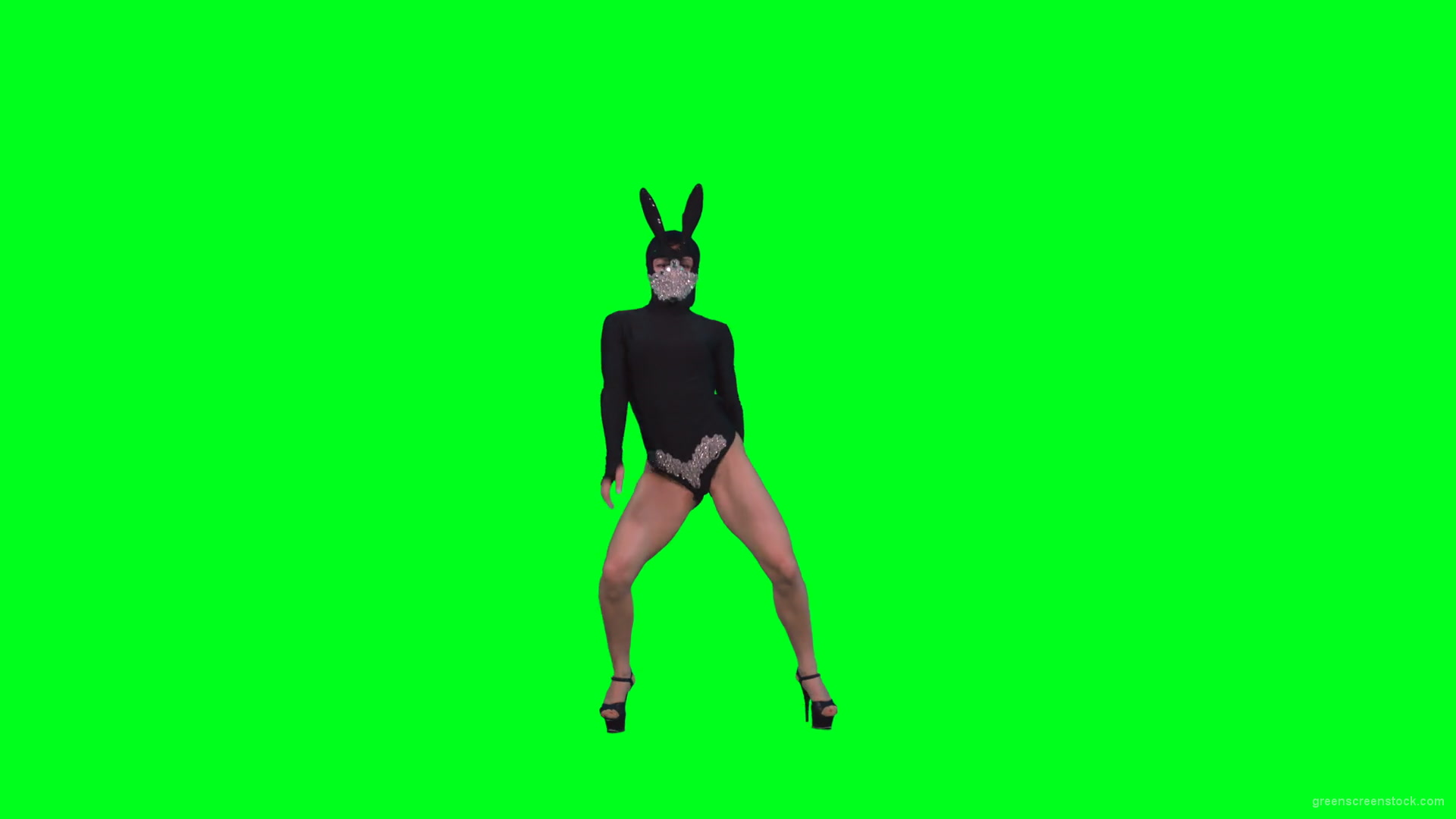 Sexy-dancing-girl-in-rabbit-mask-and-black-fashion-dress-posing-in-fetish-style-isolated-on-green-screen-4K-Video-Footage-1920_007 Green Screen Stock