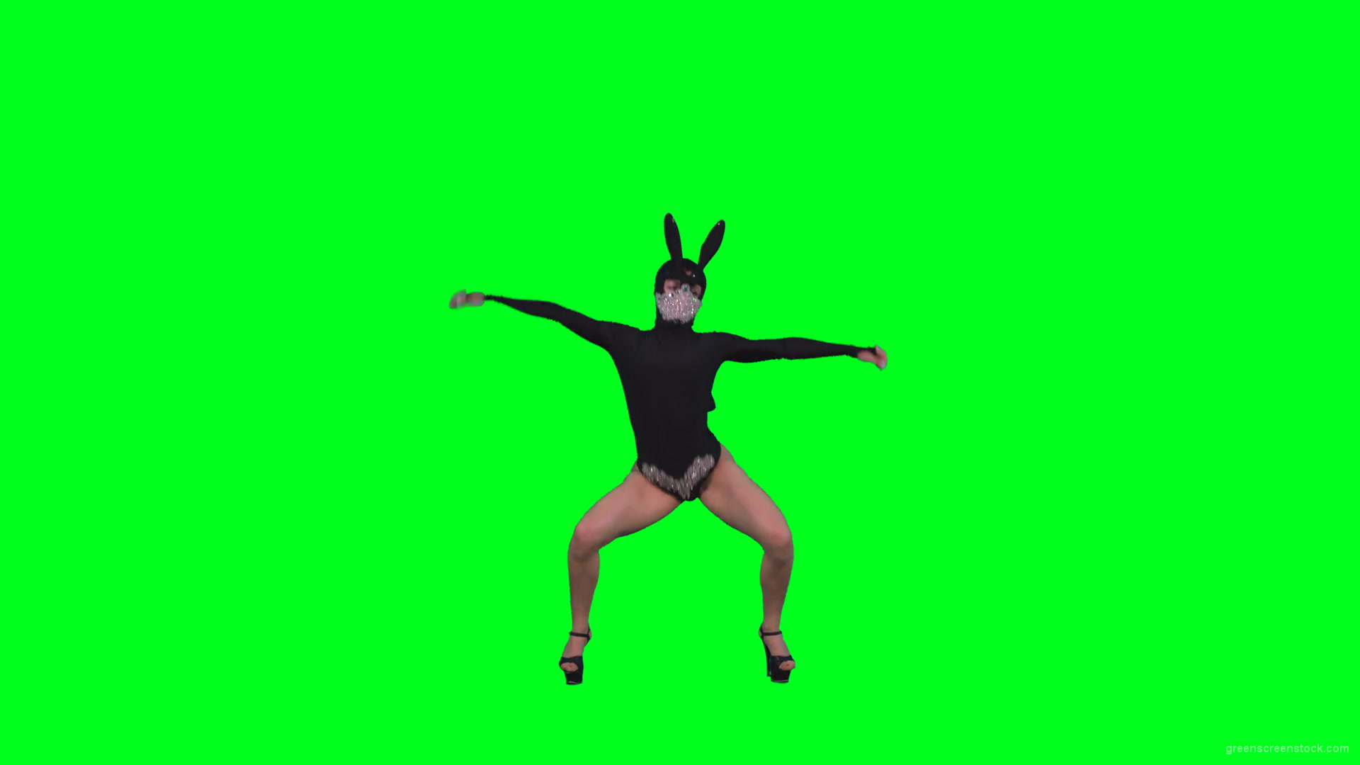 Sexy-dancing-girl-in-rabbit-mask-and-black-fashion-dress-posing-in-fetish-style-isolated-on-green-screen-4K-Video-Footage-1920_008 Green Screen Stock