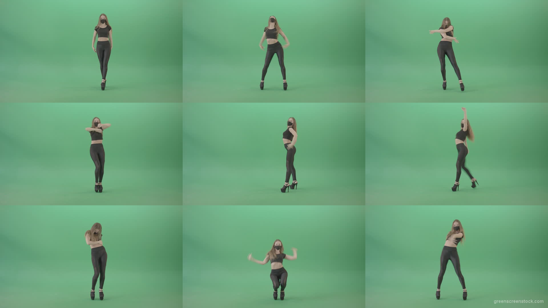 Sexy-girl-in-black-mask-and-costume-dancing-with-erotic-moves-isolated-on-green-screen-4K-video-footage-1920 Green Screen Stock